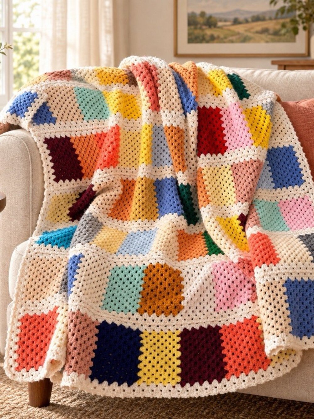 Vtg Beautiful Handmade Granny Squares Crocheted Afghan Throw Blanket